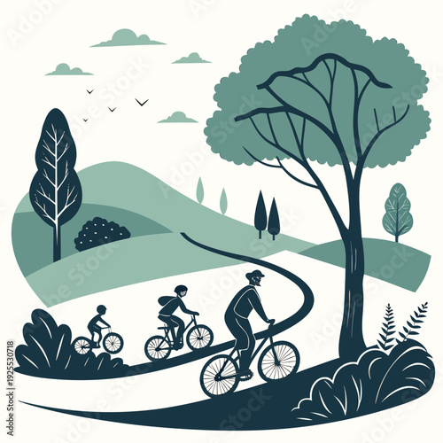 People riding bicycles on a scenic trail in the countryside