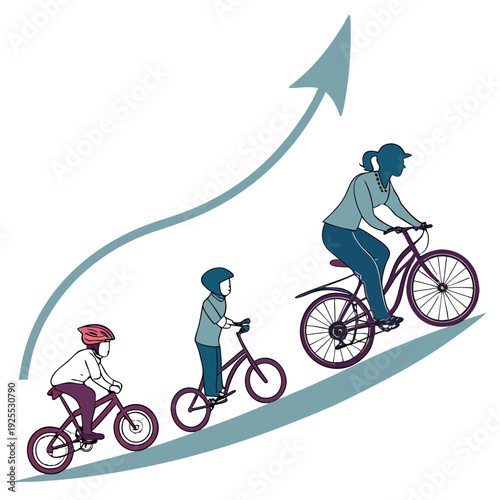 A family rides bicycles up a steep hill