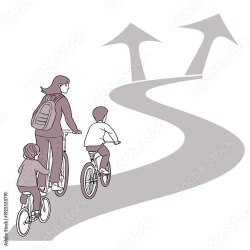 A family riding bicycles on a path with two arrows