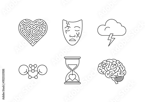 Collection of Abstract Concept Graphics Including Maze Heart Sad Mask Storm Cloud Molecule Hourglass and Human Brain for Mental Health and Science