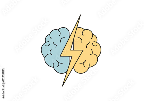 Conceptual split brain divided by yellow lightning bolt symbolizing opposing ideas or intense thought abstract visual