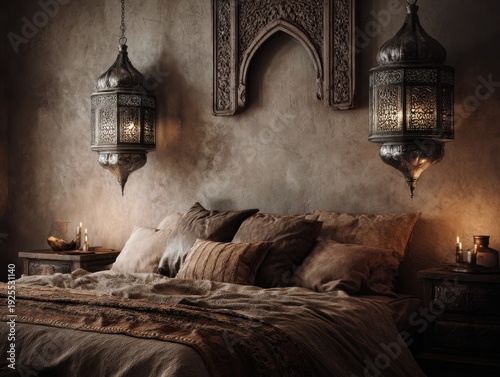 A bed with a lamp hanging above it
