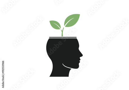 Concept of New Ideas and Growth Emerging From Human Mind Represented By Silhouette Head With Sprout Growing On White Background