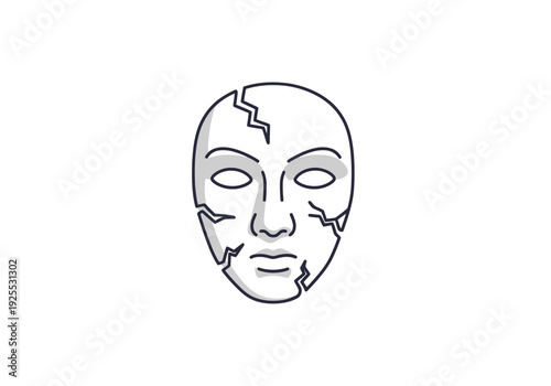 Fragile Human Face Sculpture with Surface Cracks Isolated on White Background Represents Emotional Breakdown or Deterioration