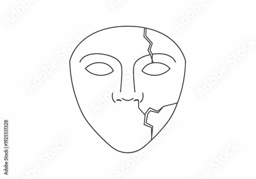 Abstract Minimalist Line Art Drawing of a Broken Ceramic Mask Face With Cracks Against White Background