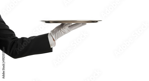 Professional Gloved Hand Holding Silver Serving Tray