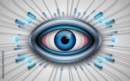Technological Eye: Stylized Blue Iris and Data Streams Emanating from a Futuristic Human Eye, Representing AI, Vision, and Biometric Security