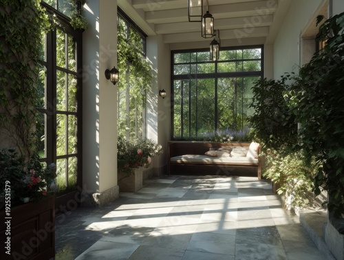 A large room with a bench and potted plants