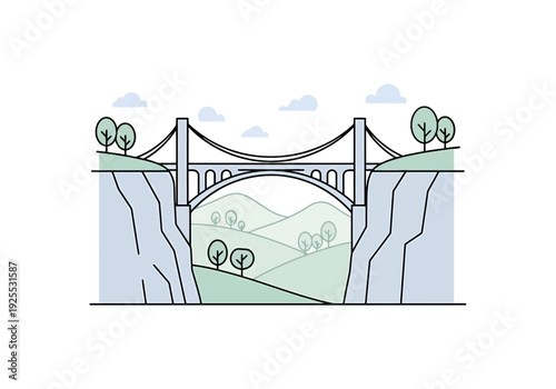 Suspension bridge spans across a deep gorge connecting two rocky cliffs with lush green valley below and rolling hills