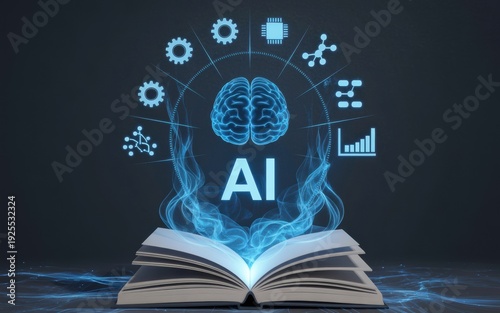 Open Book Emitting Glowing Light, AI Letters, and Human Brain with Tech Icons Representing Artificial Intelligence Learning and Knowledge.