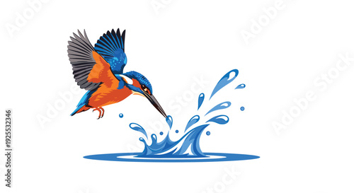 A bright blue and orange kingfisher bird dives headfirst into a circular splash of blue water with droplets flying against a white background.