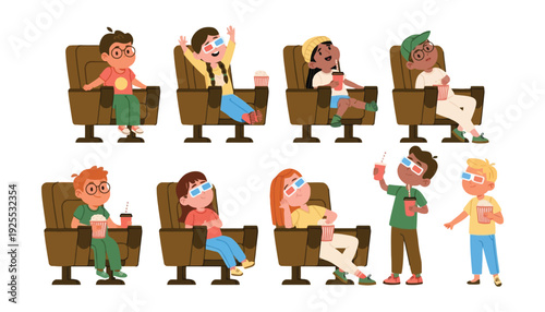 A colorful illustration of people sitting in a movie theater watching films