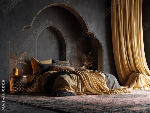 A bed with a yellow blanket and pillows