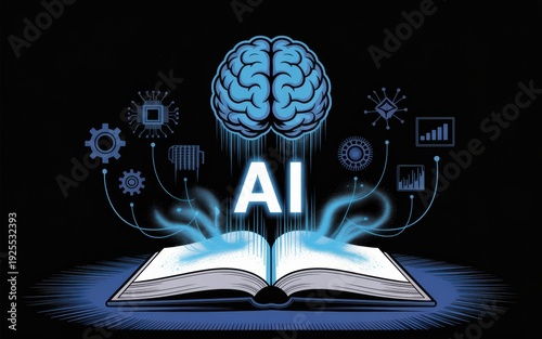 Stylized Open Book Illuminating AI Letters and Brain with Tech Symbols Illustrating Artificial Intelligence and Advanced Learning Concepts.