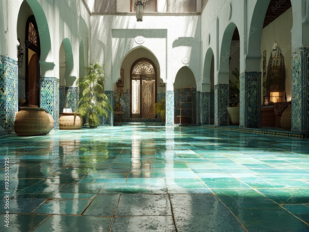 Obraz premium A large room with a blue tile floor