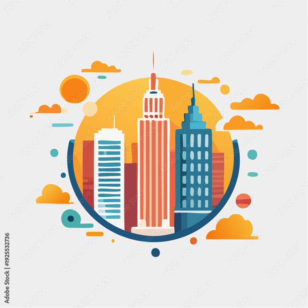 Obraz premium Vibrant Flat Design Cityscape Illustration with Prominent Skyscraper Buildings and Stylized Sun