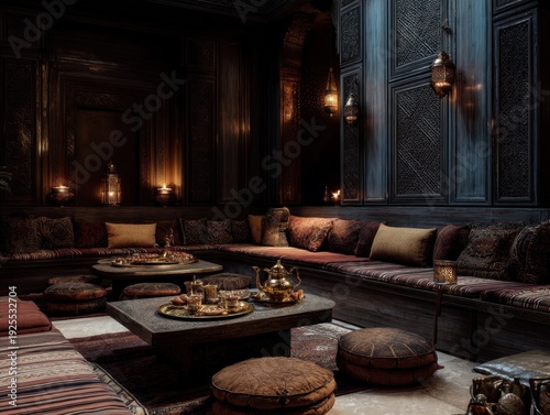 A room with a lot of couches and a table with a tray of food