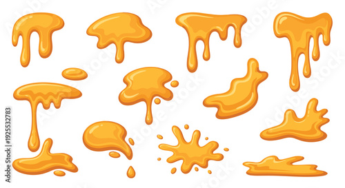 Various golden orange liquid drips and splats with glossy highlights are arranged in a collection across a plain white background in horizontal view.