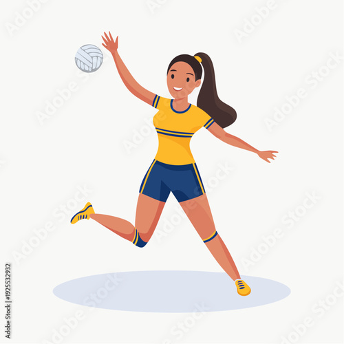 Young woman playing volleyball and serving the ball with a bright yellow uniform