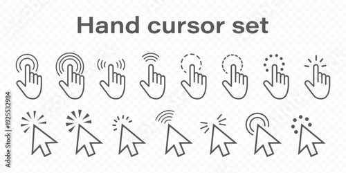 Hand Cursor Icons and Click Cursor Symbols, User Interface Pointer Collection Isolated on White Background for Web Design, App Interface, UX, UI, and Digital Interaction Graphics