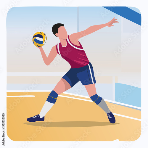 Dynamic illustration of a male volleyball player in action, serving the ball on a court. Sportive concept of athletic performance and teamwork