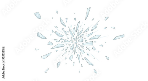 A central explosion of light blue translucent glass shards radiates outward from the middle of the frame against a solid white background.