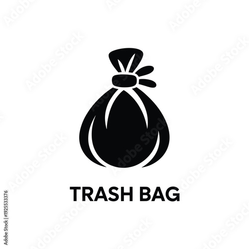 Simple black silhouette of a tied trash bag with label text