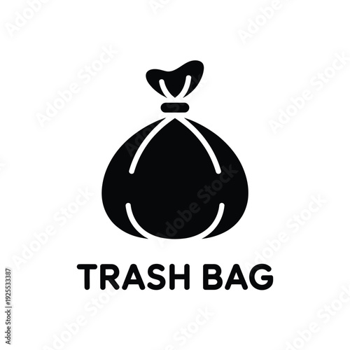 Simple black glyph depicting a closed trash bag with text label