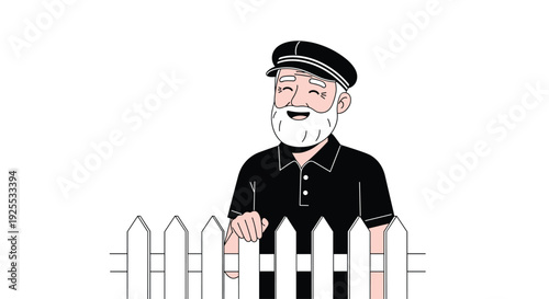 A smiling senior man with a white beard and black nautical hat stands behind a white picket fence against a white background.