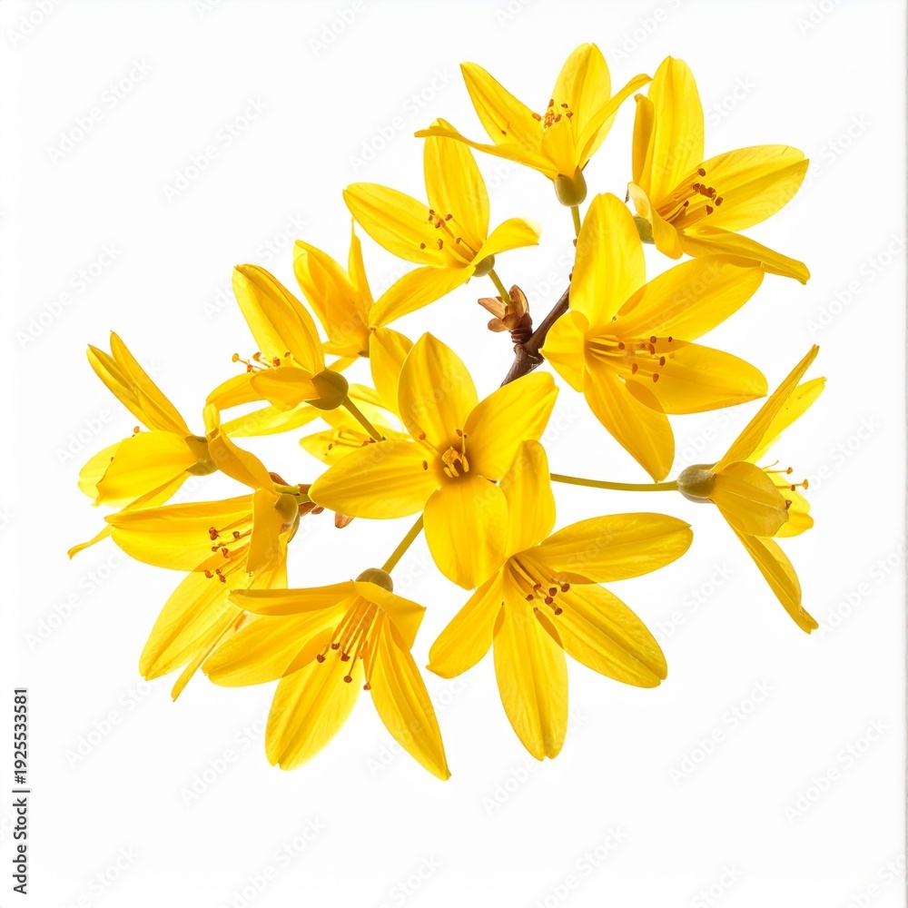 Obraz premium Radiant Yellow Star Shaped Blossom Sprig on Clean White Background