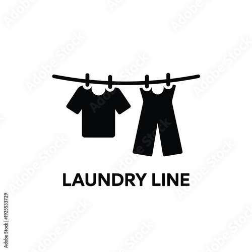 Simple black and white illustration of clothes hanging on a laundry line