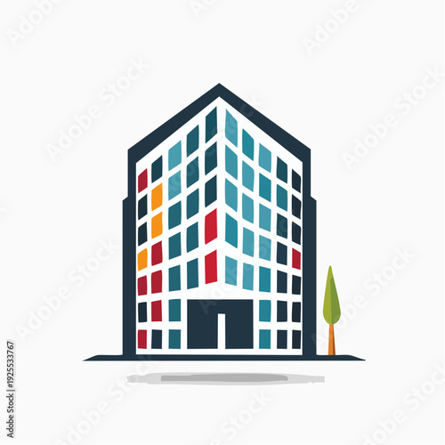 Stylized urban property icon with colorful mosaic glass facade for real estate branding