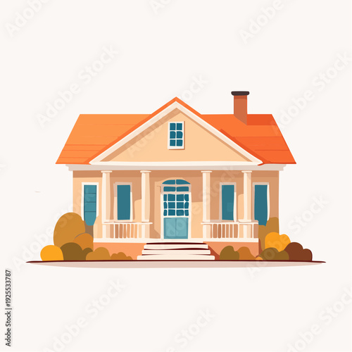 Charming two-story residential building with a porch, isolated on a white background