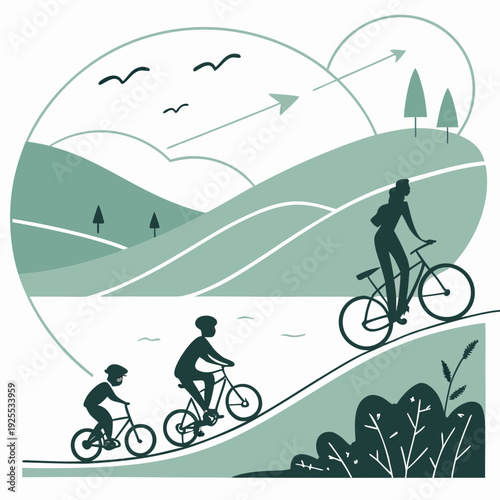 Cyclists riding on a scenic trail through rolling hills