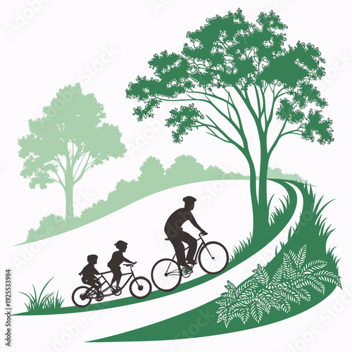 Family riding bicycles on a scenic trail