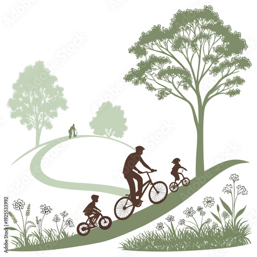 Family enjoying a bike ride on a green hill