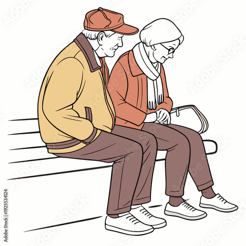 An elderly couple sitting on a bench together
