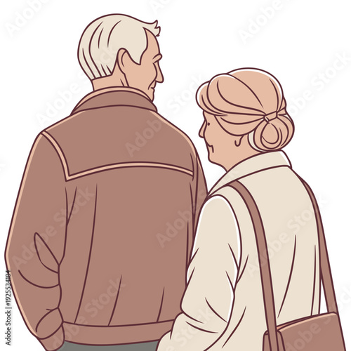 An elderly couple standing together from behind