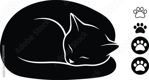 Black Cat Sleeping Silhouette with Paw Print Icons