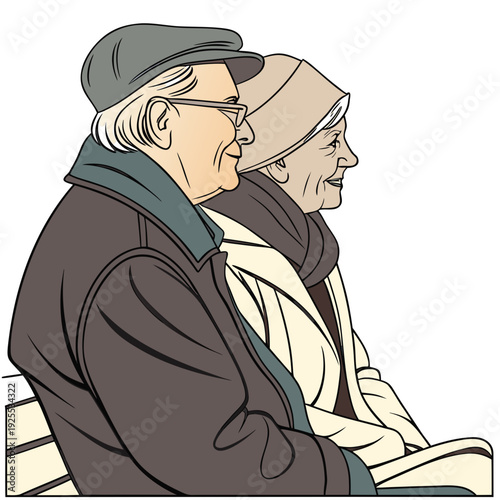 An elderly couple sitting together on a bench
