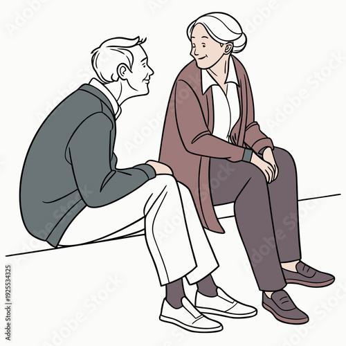 An older man and woman sitting on a bench talking