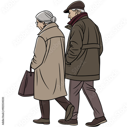An elderly couple walking together in winter clothes