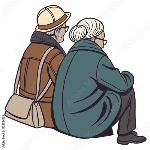 An elderly couple sitting together on the ground
