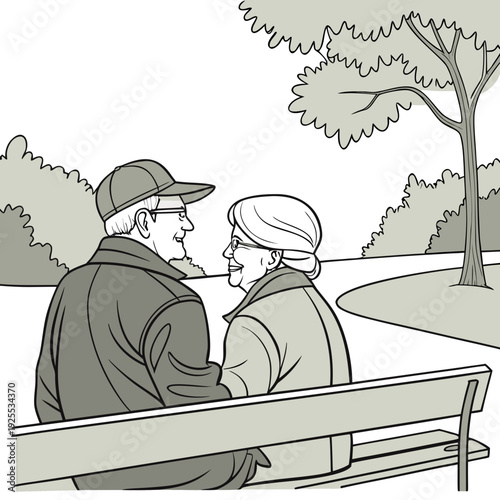 An elderly couple sitting on a park bench