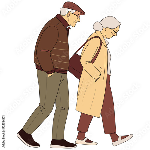 An elderly couple walking together in casual attire