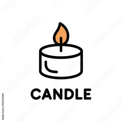 Simple line drawing of a lit candle with the word candle below