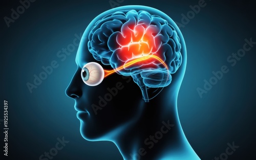 Human Head Profile with Glowing Brain and Eyeball Connected by Optical Nerve, Illustrating Vision and Neurological Processes.