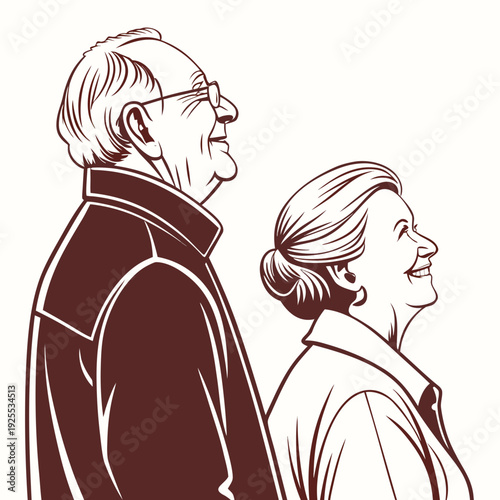Elderly couple smiling and looking up at something