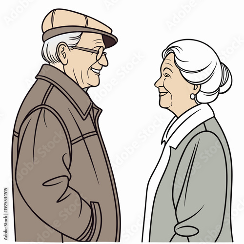 An elderly man and woman facing each other