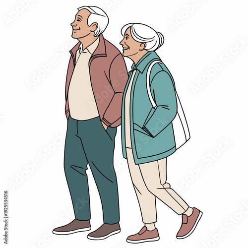 A cartoon drawing of an older couple walking